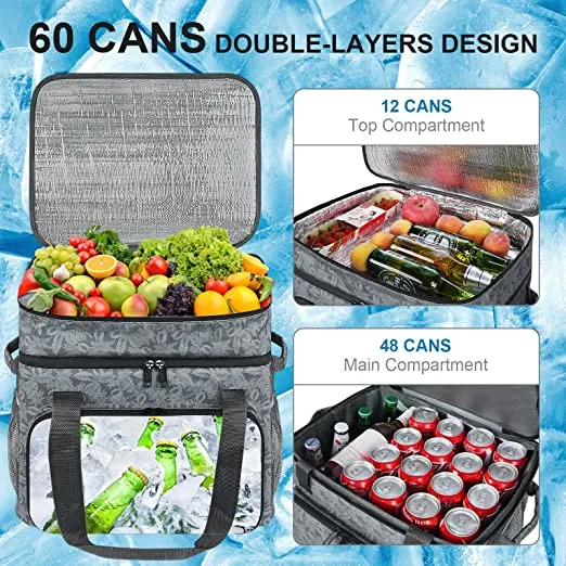 Cooler Bag, 60 Cans Large Insulated Lunch Cooler Bag Lightweight Lunch Box for Women Men, Foldable Double Layer Waterproof & Leakproof Beach Cooler with Beer