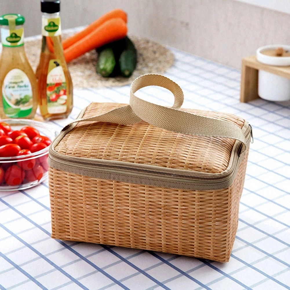 Portable Wicker Rattan Outdoor Camping Picnic Bag Food Container Basket for Indoor Household Camping Aluminum Film Home Storage